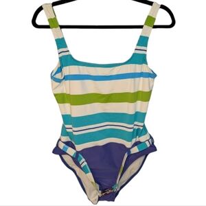Izod Women's Striped One-Piece Swimsuit Size 12 Blue Green Belted 🌊💚👙